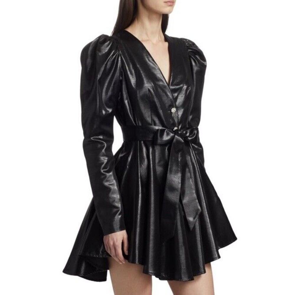 ROTATE Birger Christensen Puff Sleeve Dress Shimmer Leather LooksBlack Sz10 USA